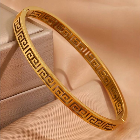 Jewelry - Gold Plated Stainless Steel Greek Key Bangle Bracelet Style Cuff